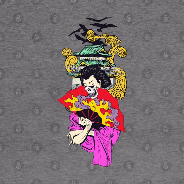 Geisha With Fan Over Pagoda by MarinasingerDesigns